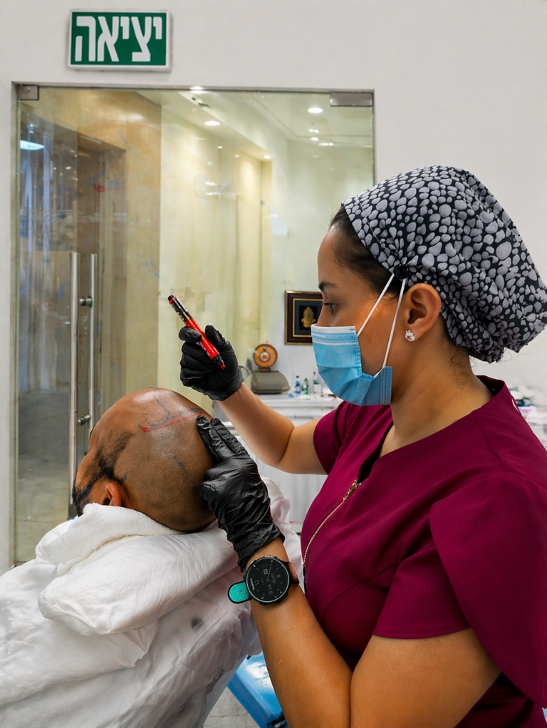 שרטוט קו שיער לפני השתלת שיער על ידי רופא מומחה