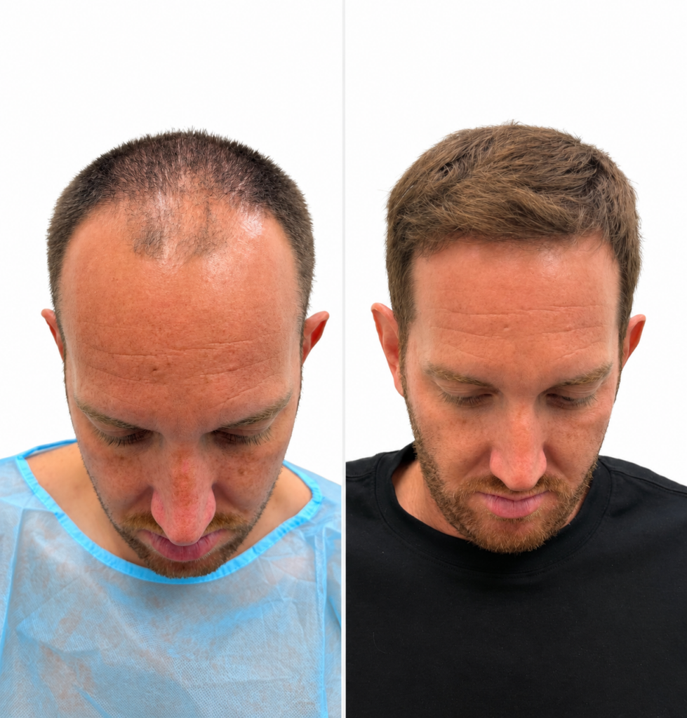 לפני ואחרי השתלת שיער המציג שיפור בצפיפות השיער ובקו השיער הקדמי