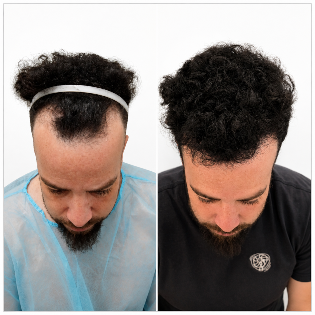 לפני ואחרי השתלת שיער בקו שיער קדמי - מילוי מפרצים ותוצאה צפופה
